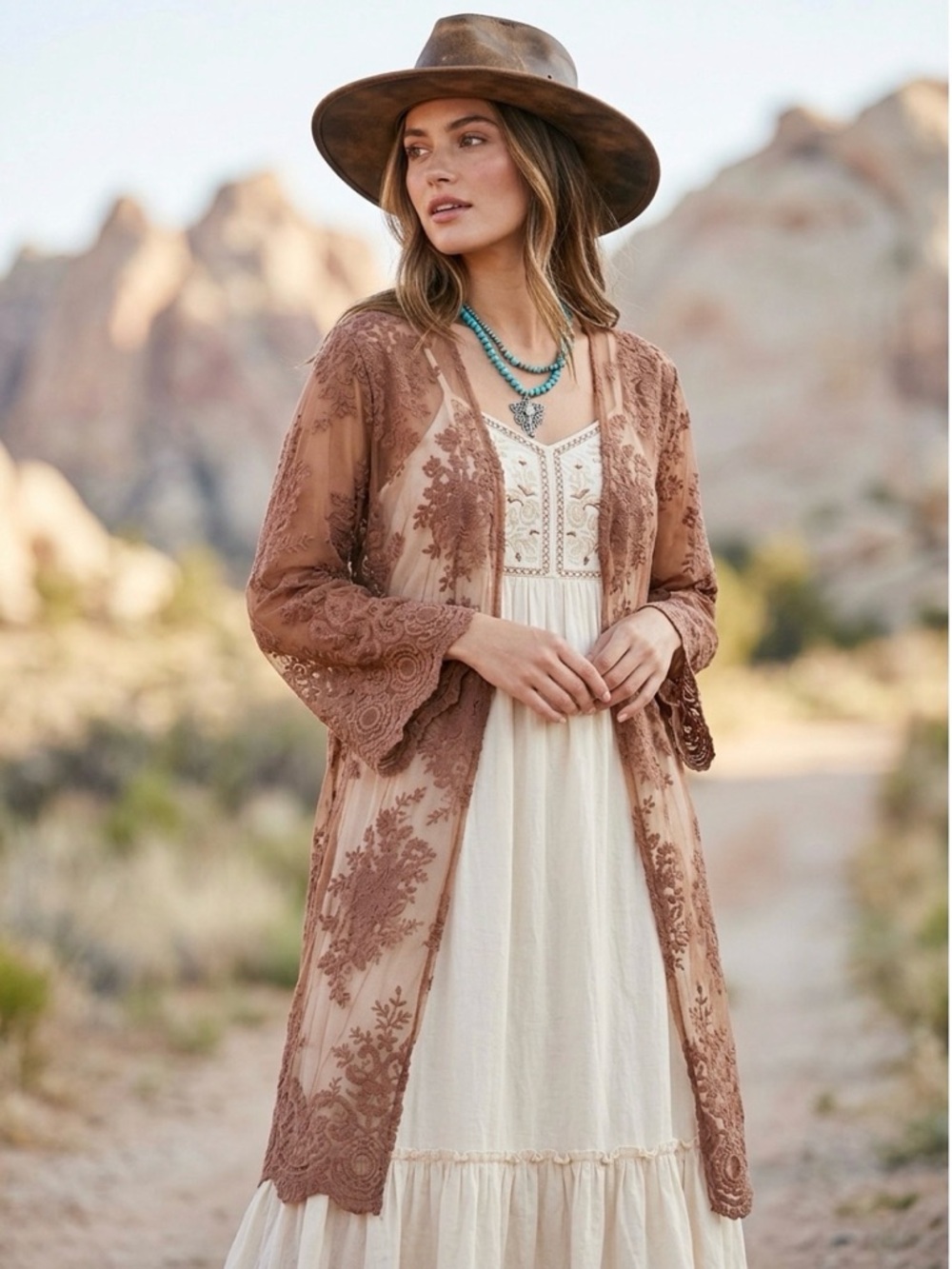 NWT Sheer Lace Kimono Robe Dusty Mocha Romantic Duster Boudoir Luxe